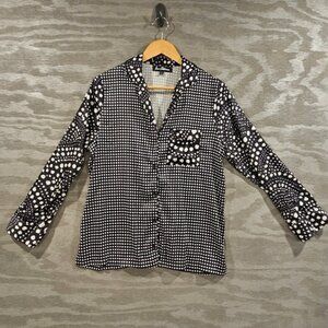 Sam Edelman SZ Med Black White Polka Dot Sleep Top Button Down Long Sleeve